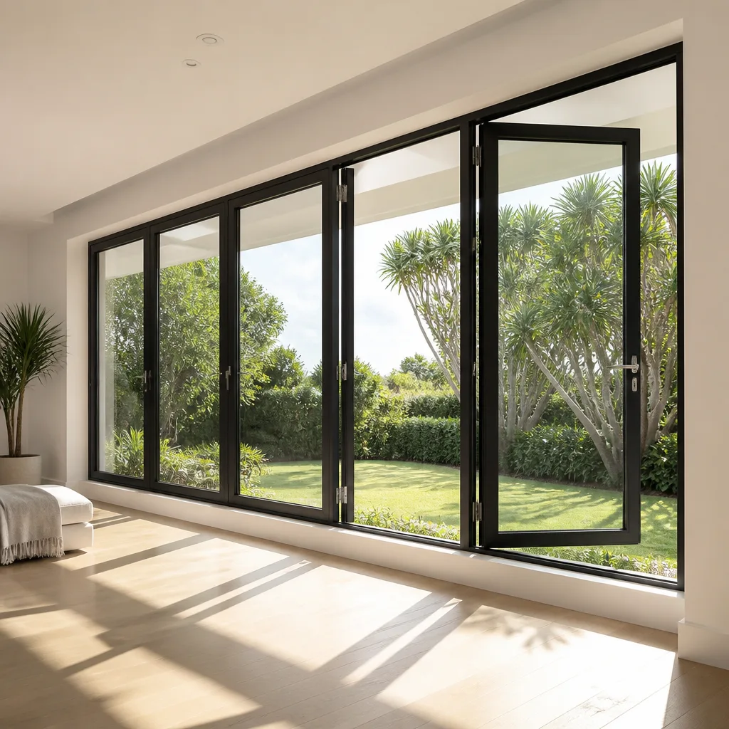 Modern floor to ceiling black frame folding glass patio doors